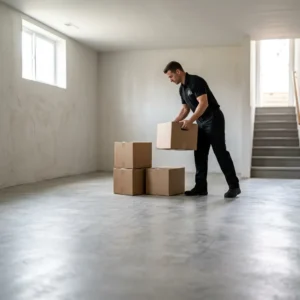 Mitarbeiter trägt Kartons aus einer geräumten Wohnung