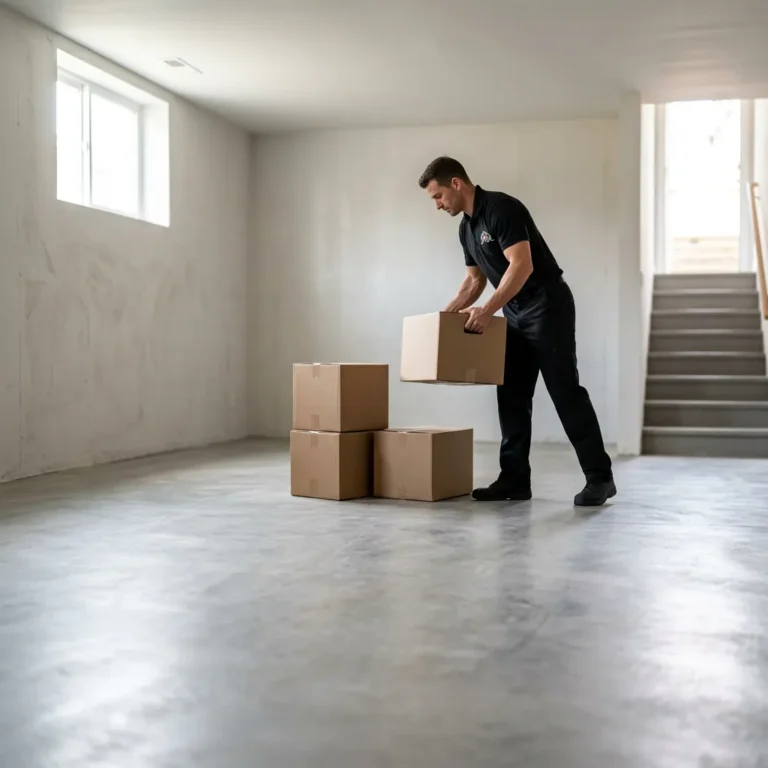 Mitarbeiter trägt Kartons aus einer geräumten Wohnung
