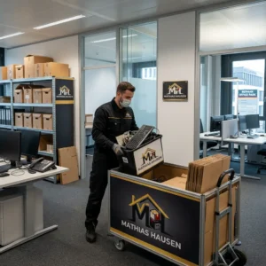 Mitarbeiter räumt Aktenordner und Mobiliar aus einem Büro