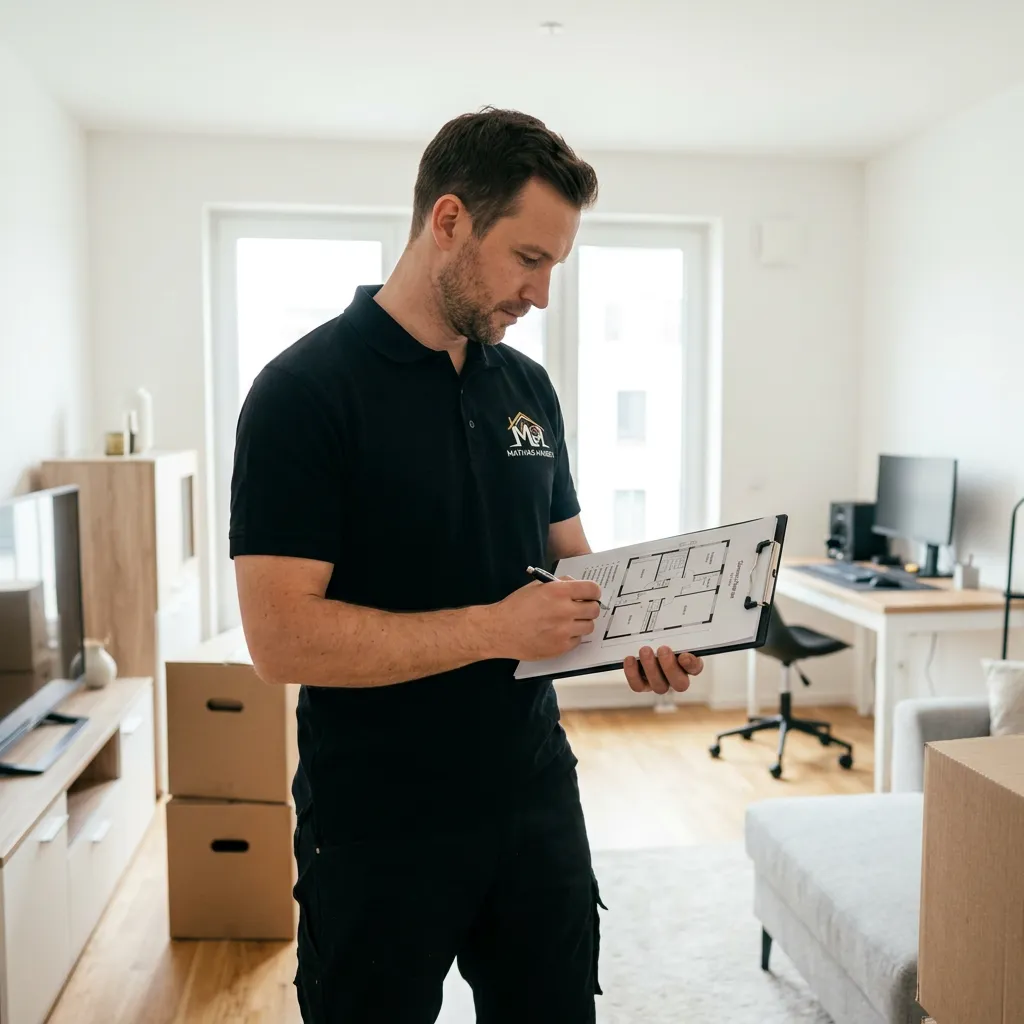 Mitarbeiter prüft bei der Besichtigung die zu räumenden Räume
