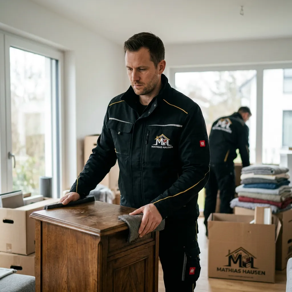 Mitarbeiter trägt eine Holzkiste bei einer Wohnungsauflösung