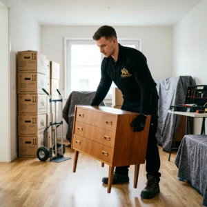 Mitarbeiter trägt eine Kommode aus einer Wohnung