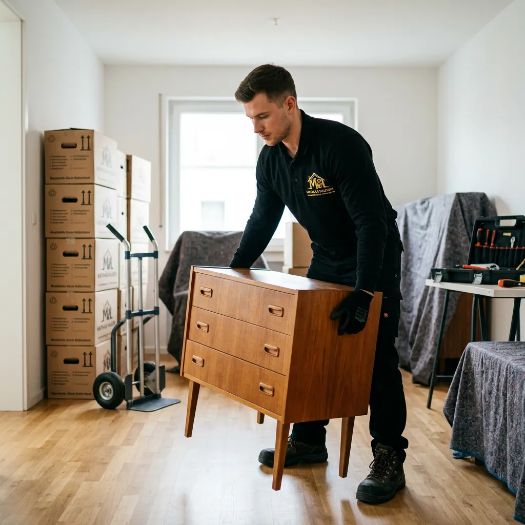 Mitarbeiter trägt eine Kommode aus einer Wohnung