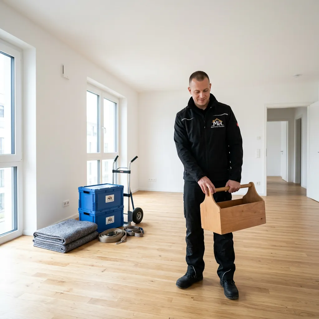 Mitarbeiter von Mathias Hausen Entrümpelungen mit Werkzeugkiste, Transportkisten und Sackkarre in einer leergeräumten Wohnung