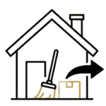 Symbol: Haus mit Besen und Karton – Haushaltsauflösung