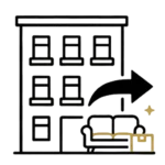 Symbol: Mehrfamilienhaus mit Sofa – Wohnungsauflösung