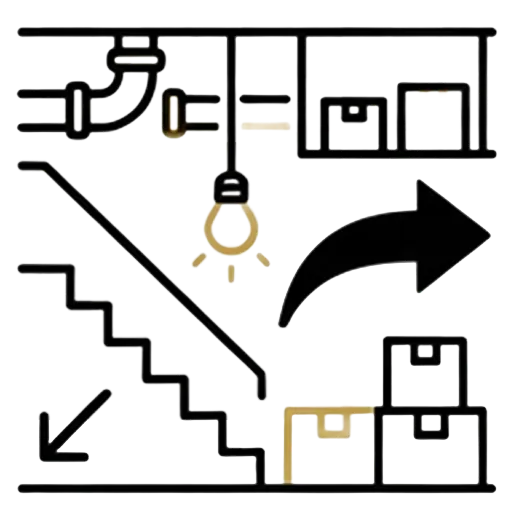 Symbol: Kellertreppe mit Kartons und Lampe – Kellerentrümpelung