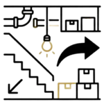 Symbol: Kellertreppe mit Kartons und Lampe – Kellerentrümpelung